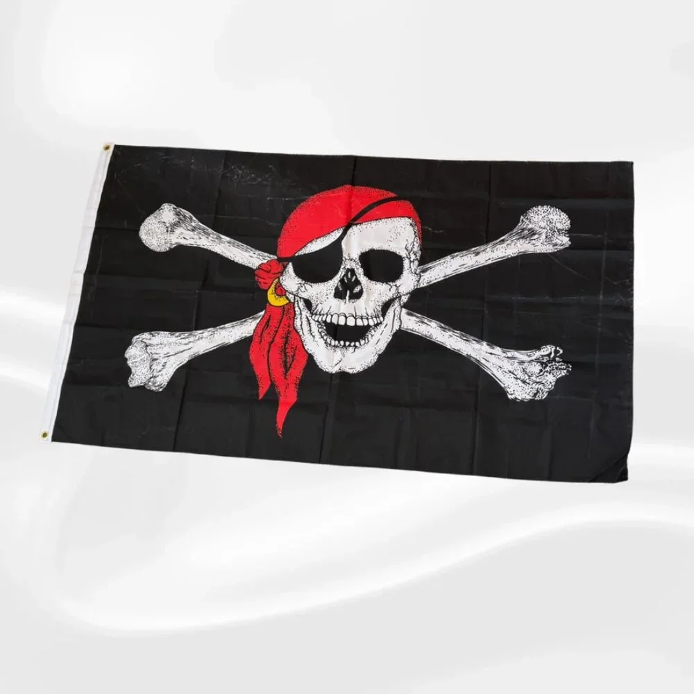 Pirate Skull & Crossbones Flag with Red Bandana – Jolly Roger Black Banner